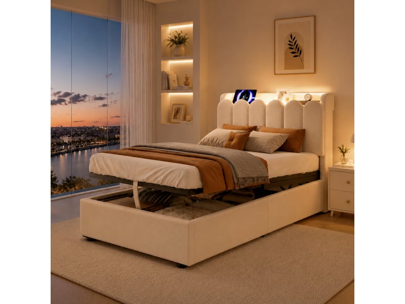  Lit coffre rembourré 90x200 cm coloris beige velours  - Conforama E