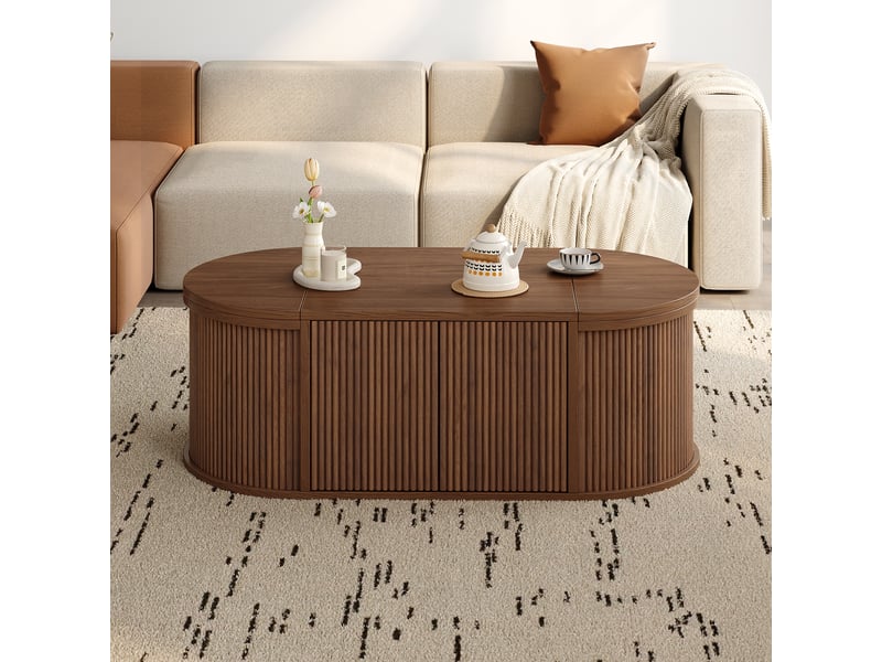  Table basse ovale 100 cm avec rangements, coffres latéraux à couvercles, 2 portes battantes à pression, mdf et panneaux de particules, décor noyer Luxe haut de gamme - Conforama D