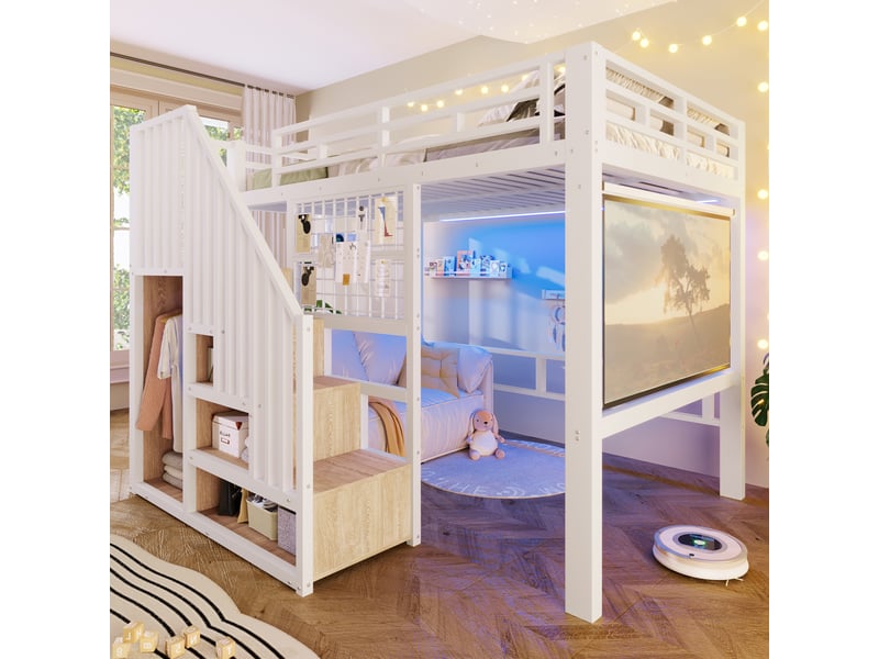  Lit mezzanine 140x200 cm avec led, escalier de rangement, panneau grillagé, support projecteur et sommier, gain de place en métal, blanc Sol Morn - Conforama B