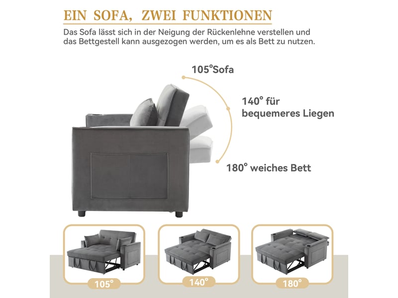 Canapé 2 places en velours multifonction avec fonction de couchage,canapé-lit pliant avec porte-gobelet et oreillers,pour salon chambre cinéma maison,137x76.5x83cm,gris 137x76.5x83cm - Conforama D