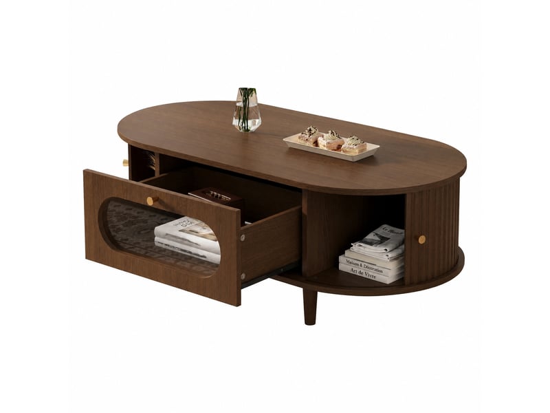  Table basse effet noyer avec rangement, 1 tiroir, 2 portes à rideau, 100 x 50 x 36 cm, bois foncé  - Conforama A