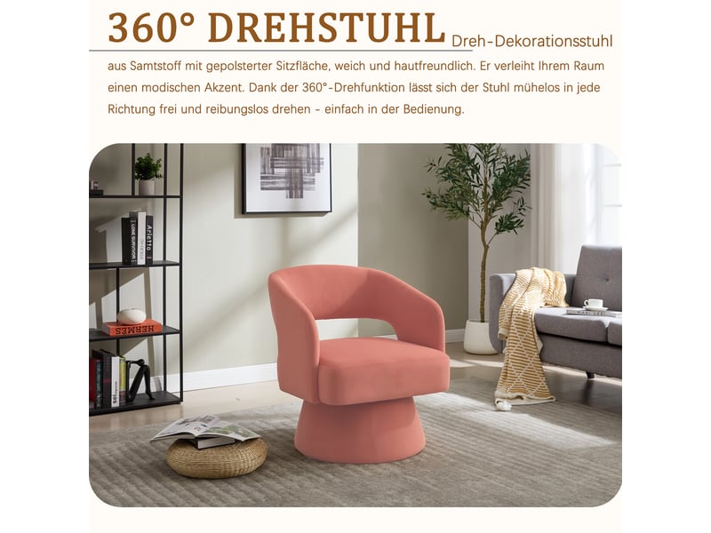 Fauteuil pivotant avec dossier ouvert, accoudoirs incurvés et assise rembourrée, en chenille et bois rose - Conforama E