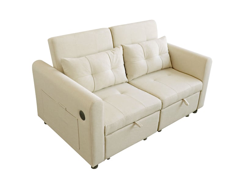 Canapé convertible 2 places 3 en 1 avec dossier réglable, fonction couchage, ports usb, poches d’accoudoirs et 2 coussins - beige - Conforama A