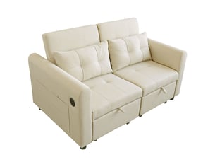 Canapé convertible 2 places 3 en 1 avec dossier réglable, fonction couchage, ports usb, poches d’accoudoirs et 2 coussins - beige