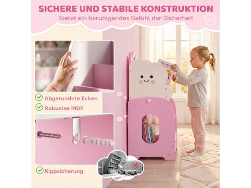 Meuble rangement enfant 3 en 1 rose, bibliothèque modulable, 4 poches, 3 niveaux, table de chevet - Conforama E