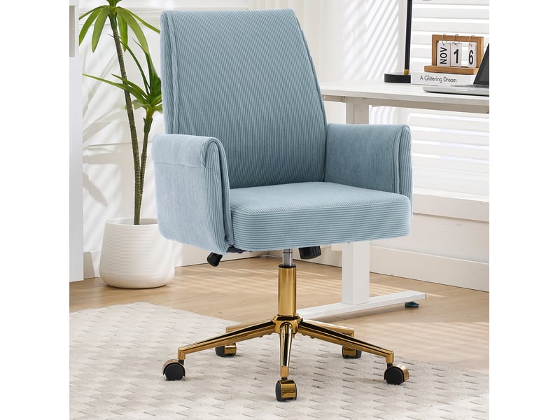  Fauteuil de bureau pivotant réglable en hauteur en velours côtelé bleu, base en métal doré, 65 x 63 x 107 cm  - Conforama B