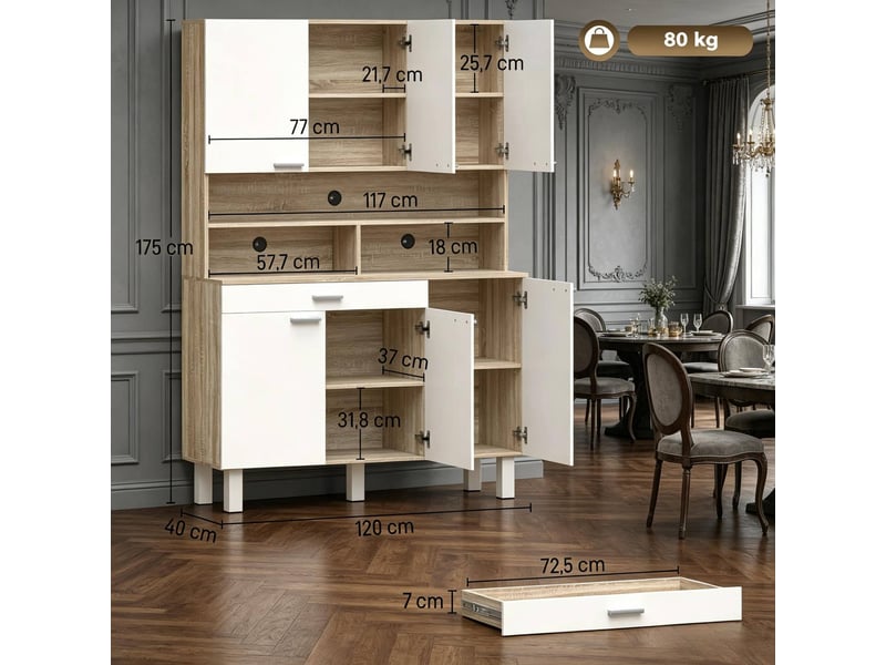 Buffet de cuisine modenvie 120 x 40 x 175 cm blanc et naturel, 6 portes, tiroir, niches ouvertes, pieds métalliques  - Conforama C