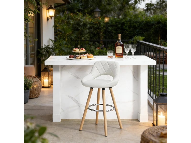 Tabouret de bar ergonomique 43x40x96cm - assise rembourrée en tissu effet cuir - pieds en bois massif avec repose-pieds - blanc - Conforama D