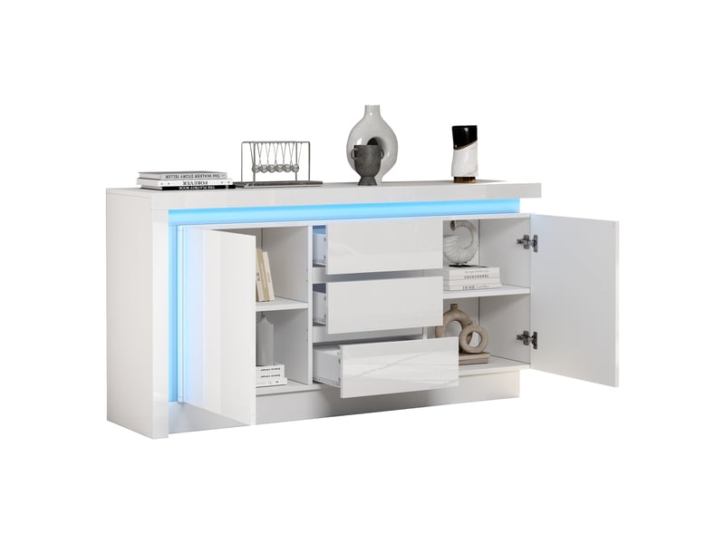  Buffet blanc mat à quatre portes avec poignées et pieds en métal doré, 160 x 35 x 100 cm  - Conforama A