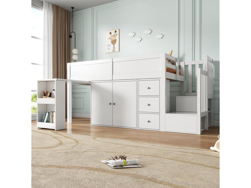  Lit mezzanine enfant avec bureau escamotable 90x200 cm blanc - armoire, tiroir et escalier de rangement  - Conforama E