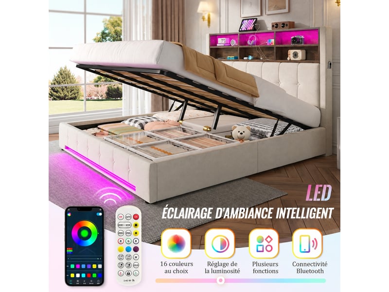 Lit coffre 180x200 en velours beige, ouverture hydraulique, tête de lit à 6 niches, usb-c et led  - Conforama E