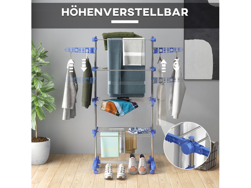  Séchoir à linge sur roulettes, échelle 2 niveaux, pliable, ailes pliantes, support en acier inoxydable bleu  - Conforama E