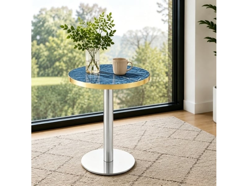  Table d’appoint ronde, table décorative salon table design moderne aspect, plateau mdf, piètement métal, coloris bleu  - Conforama B