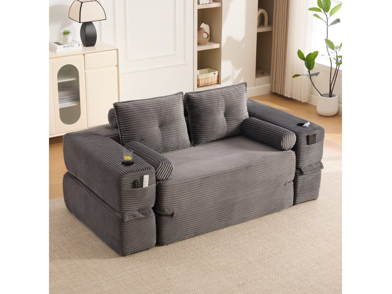  Canapé convertible 2 places modenvie en velours côtelé gris foncé, 180 x 98 x 80 cm, avec poches et porte-gobelet  - Conforama D