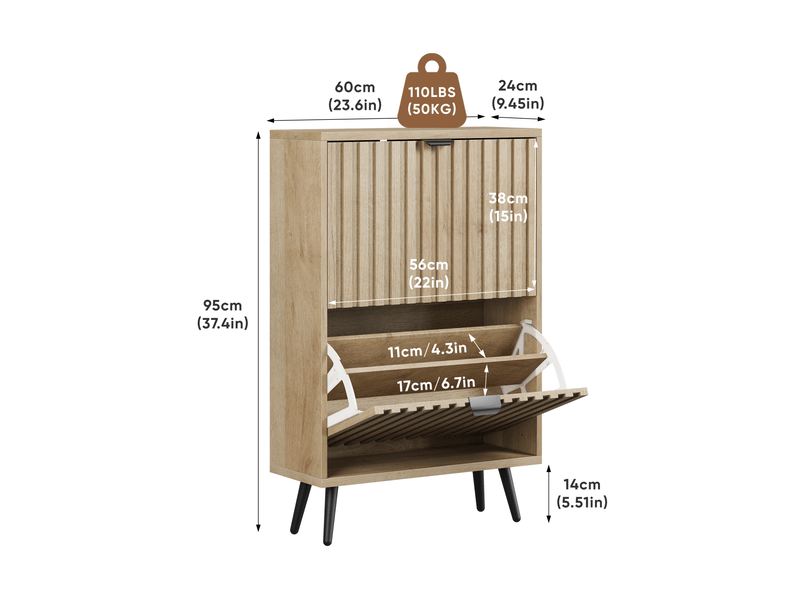  Meuble à chaussures 60 x 24 x 95 cm en mdf et panneaux de particules avec 2 compartiments basculants coloris chêne chicfurn  - Conforama D