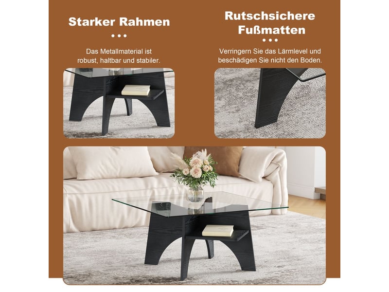  Table basse 80 cm, plateau verre trempé, table basse salon, piètement mdf noir, tablette inférieure, facile d'entretien  - Conforama E