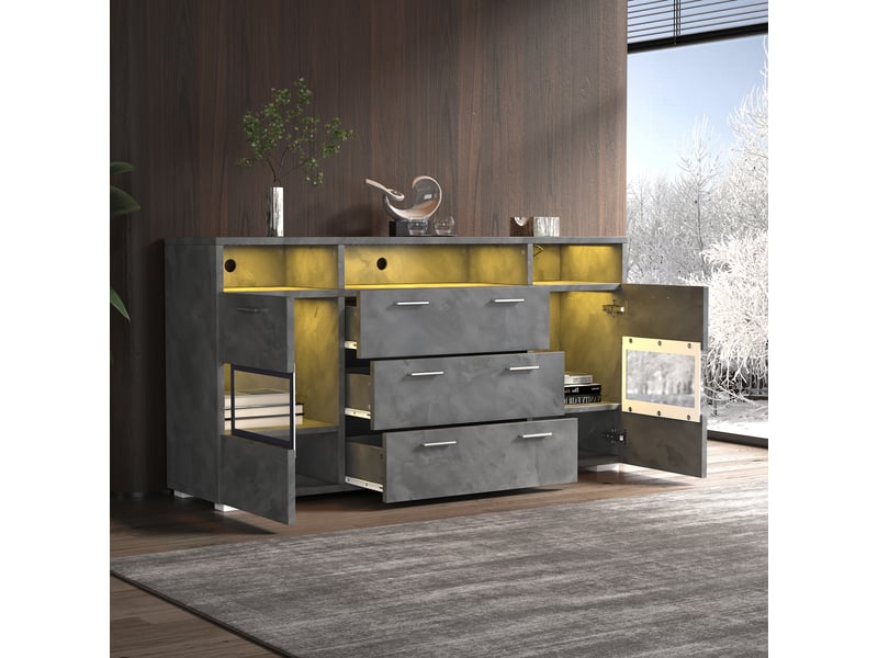  Buffet avec 2 portes 3 tiroirs et 3 niches, led, pour salon, panneaux de particules, gris, 140×33.5×72.5 cm  - Conforama C
