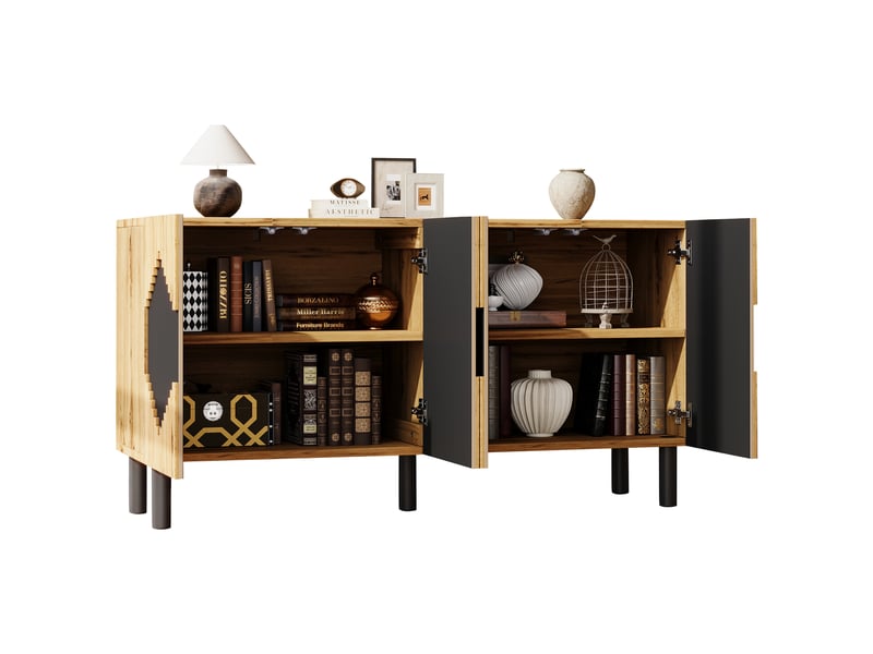  Buffet moderne 140 cm bois et noir avec 4 portes motif losange 3d  - Conforama W