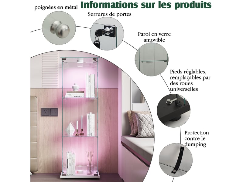  Vitrine en verre 3 niveaux simple porte - blanc - 39,8 x 35 x 123,5 cm - armoire d'exposition avec éclairage led et base blanche  - Conforama D