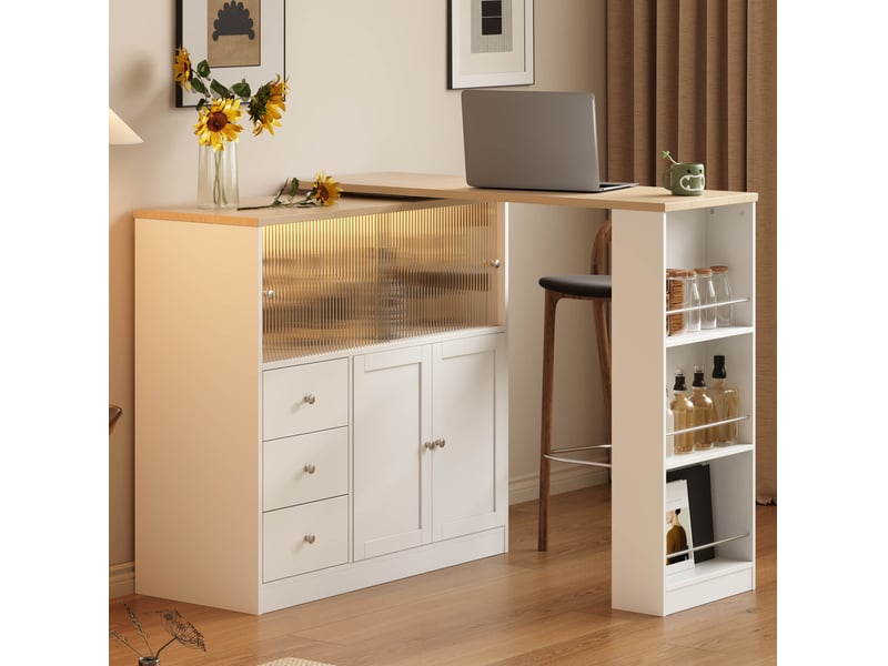  Îlot de cuisine extensible 172x40x96 cm blanche avec led rgb et rangement  - Conforama E