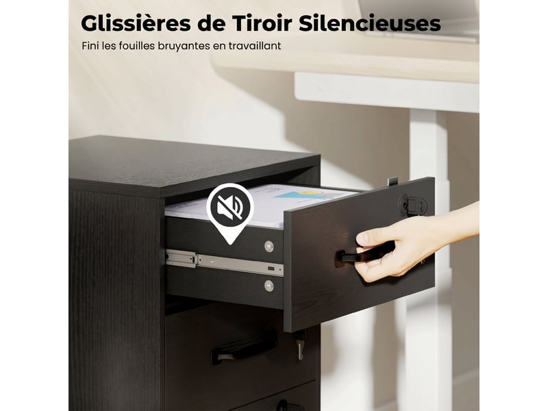  Caisson de bureau mobile avec 3 tiroirs verrouillables, caisson de rangement sur roulettes, 40 x 40 x 69,5 cm, noir  - Conforama R