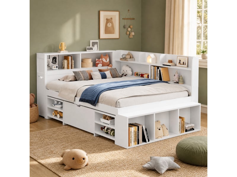  Lit enfant 140x190 cm avec tiroirs et étagères, sommier à lattes, blanc  - Conforama C