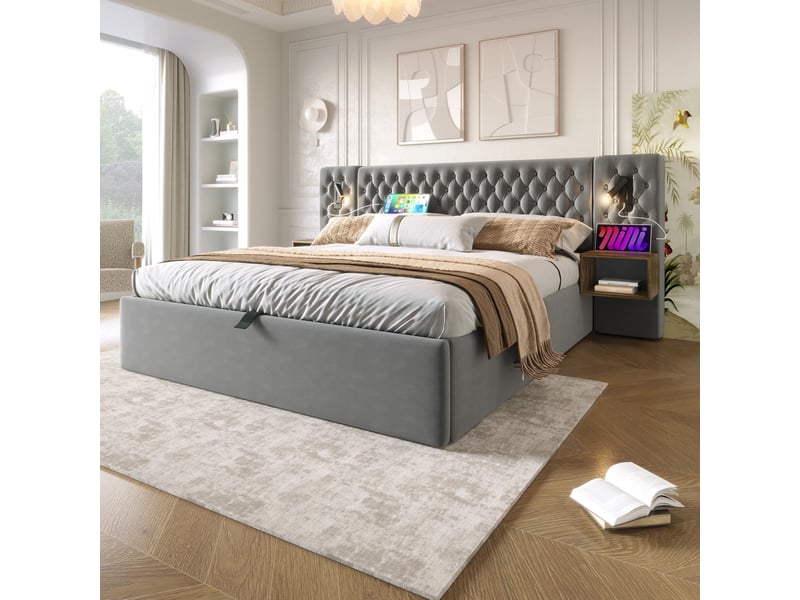  Ensemble lit coffre 180x200 cm avec 2 chevets, lit rembourré avec rangement hydraulique, tête de lit led usb, revêtement velours gris Morn Vibe - Conforama D