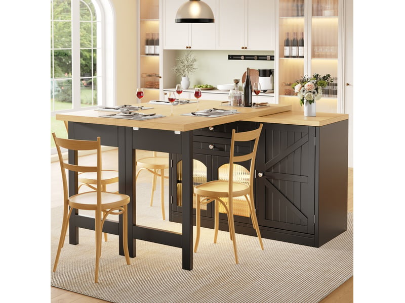  Desserte de cuisine 120194x40x73,5 cm, extensible, rotatif à 360°, portes vitrées et tiroirs, mdf, métal, couleur noir  - Conforama B
