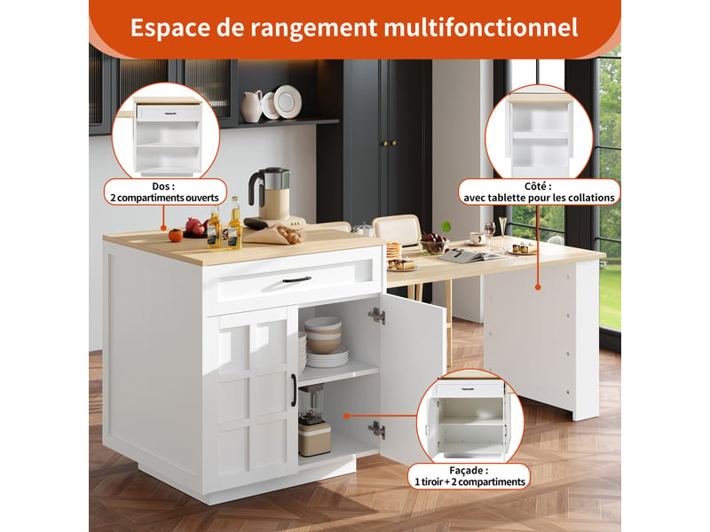  Table de bar extensible 133-202 x 70 x 93.5 cm avec 2 tiroirs, 2 portes et 2 étagères pour 2 à 6 personnes - blanc  - Conforama D