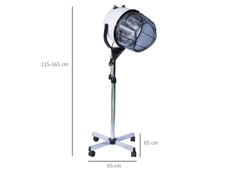  Sèche-cheveux à capuche 1180w, hauteur réglable, minuterie 60min, roulettes pivotantes, pp pc acier, 65 x 65 x 115-165 cm, blanc  - Conforama E