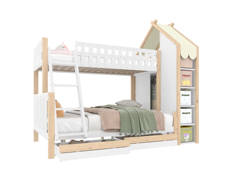  Lit superposé blanc et naturel 90 × 200 + 140 × 200 cm, échelle et 2 tiroirs  - Conforama E