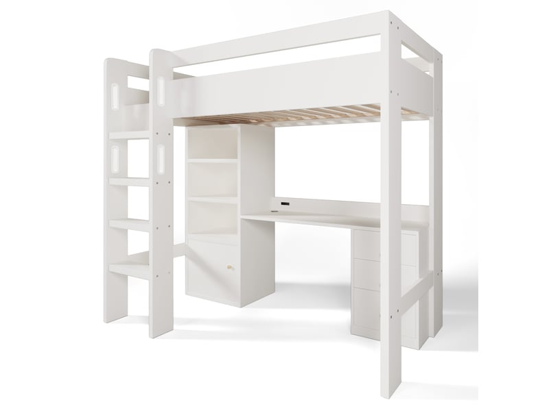 Lit mezzanine enfant 90x200 cm – blanc – bureau usb-c, armoire, étagères et tiroirs – sans matelas - Conforama D