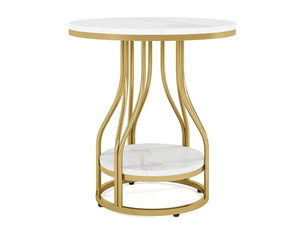 Table d'appoint ronde, 50x50x60 cm, 2 niveaux avec rangement, mdf, marbre blanc doré