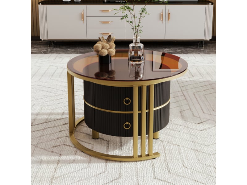  Table basse gigogne ronde 70x70x45 + 50x50x40 cm avec 1 plateau en verre trempé marron et 2 tiroirs, noir  - Conforama E