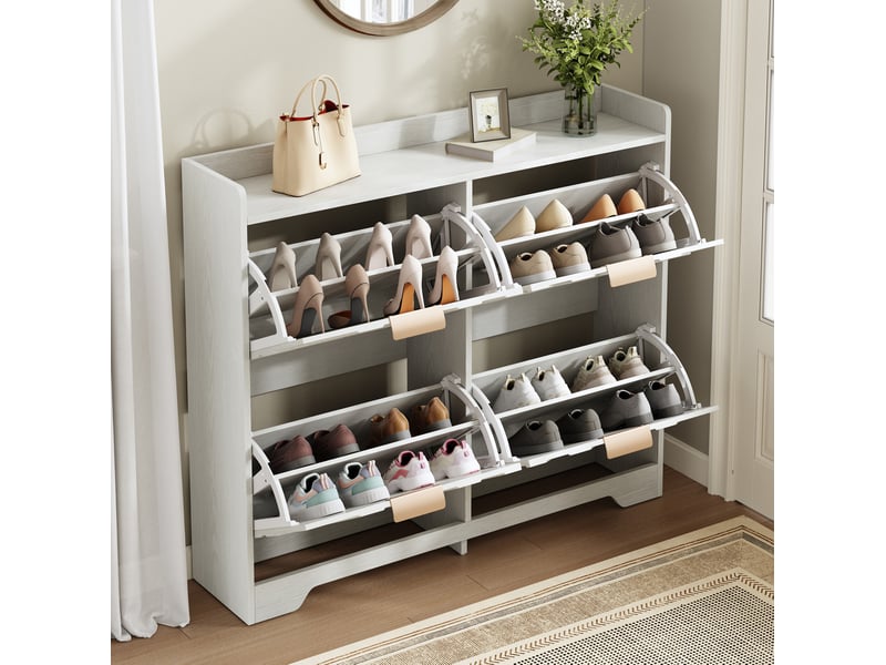  Meuble à chaussures à 4 compartiments abattants en mdf blanc, façade 3d  - Conforama B