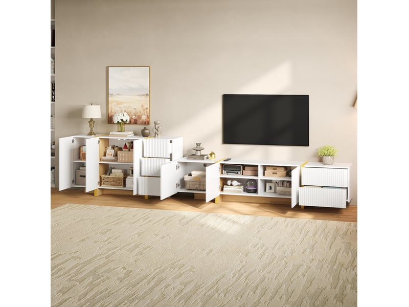 Ensemble meuble tv et buffet tcqpz blanc à façades rainurées 190 x 35 x 45 cm et 140 x 36 x 75 cm mdf et panneaux de particules - Conforama E