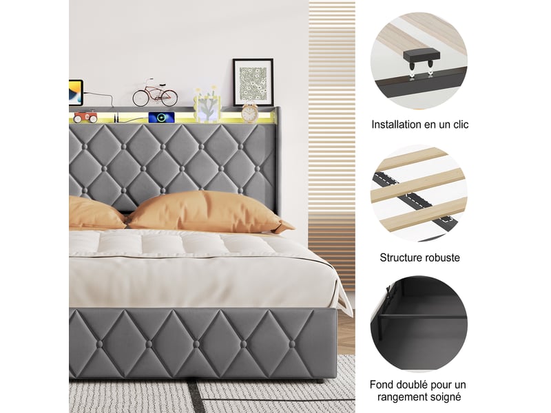  Lit coffre 140x200 cm avec led rgb,usb et type-c, lit double en velours gris ,hydraulique,grand rangement,sommier inclus  - Conforama R