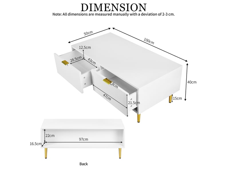  Table basse rectangulaire 100x50x40 cm avec rangement, tiroirs, pied en métal, table de salon, pour salon, mdf, blanc  - Conforama C