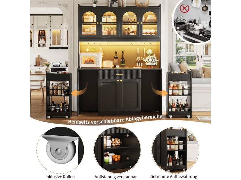  Armoire haute noire 120cm, led rgb, contrôle app, 3 vitrines verre, tiroirs, plateaux roulants 2 côtés, cuisine &amp; salle à manger  - Conforama C