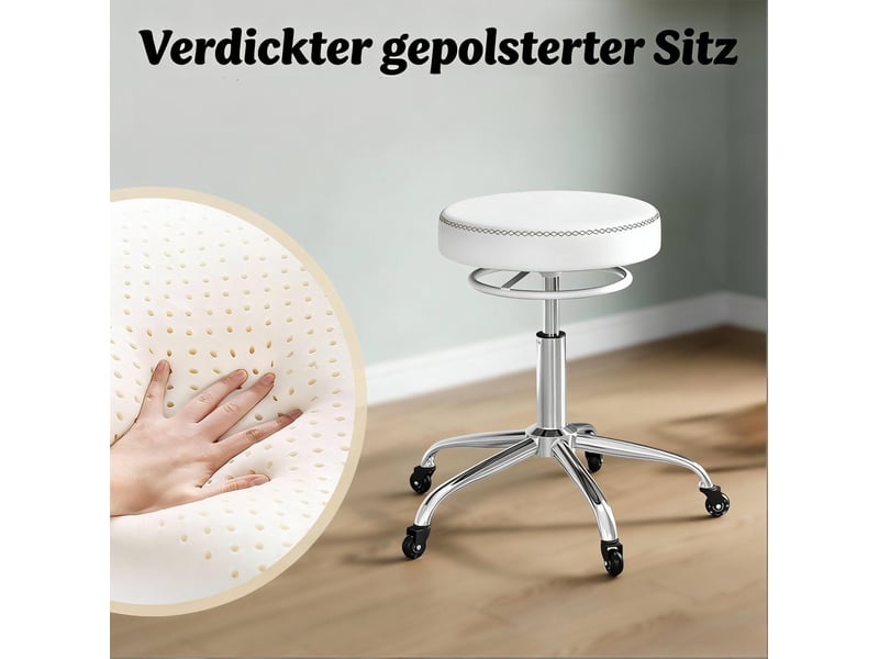  Tabouret de bureau réglable blanc à roulettes, assise pivotante 360° et rembourrée pour travail flexible  - Conforama D