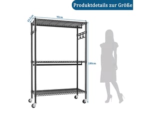 Porte-manteau noir avec roulettes - dressing ouvert mobile en métal avec 3 étagères, 2 barres et crochets