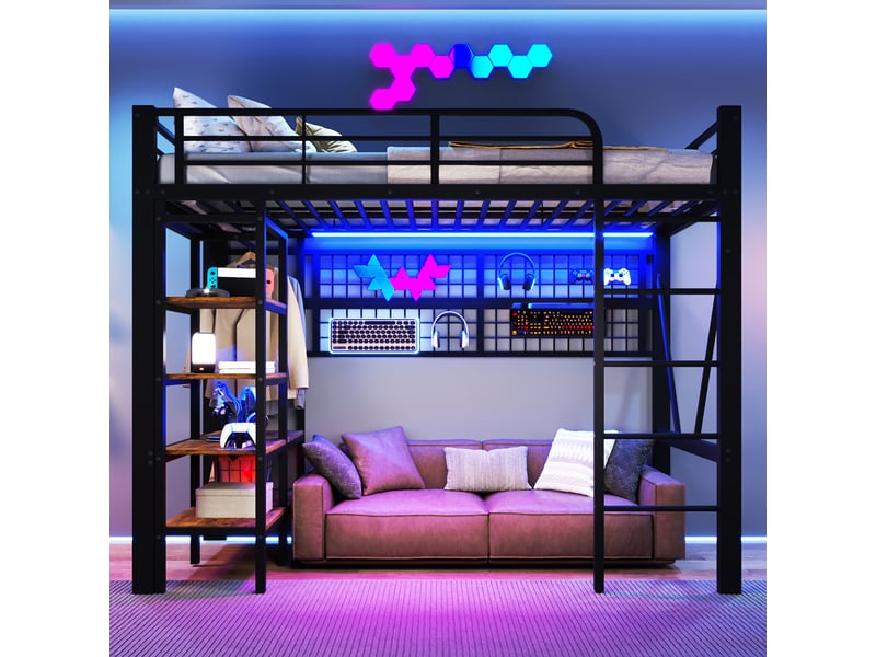  Lit mezzanine enfant 90x200cm, avec éclairage led, niche, filet de rangement, tringle à vêtements, espace ouvert, structure en métal, noir evarich - Conforama E