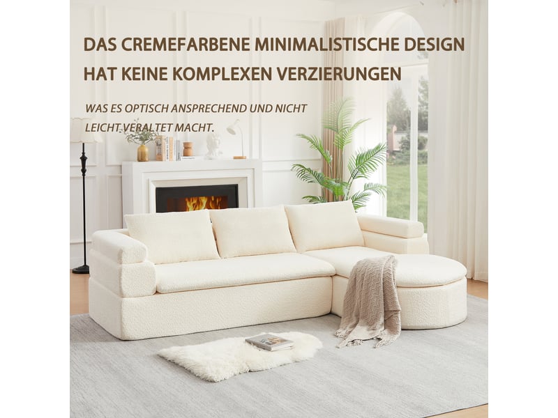  Canapé d'angle, canapé 3 places, en chenille, crème, forme incurvée, design moderne, mobilier pour espace de vie, pour salon  - Conforama D