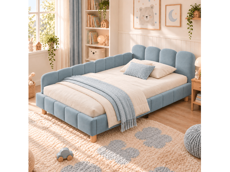  Lit enfant 90x200 cm, 213x100x64 cm, tête rembourrée, barrières, sommier à lattes, velours bleu, sans matelas  - Conforama B