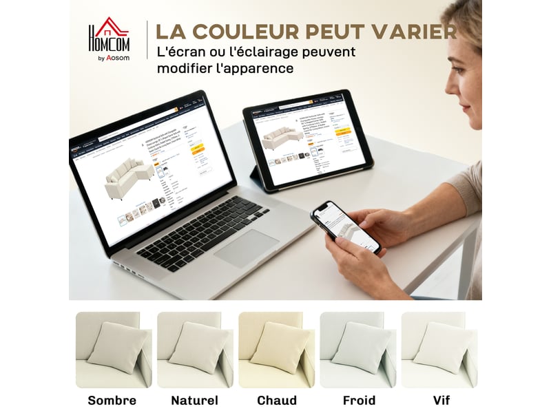  Canapé d'angle réversible 3 places moderne avec coussins inclus, crème, tissu velours côtelé  - Conforama W