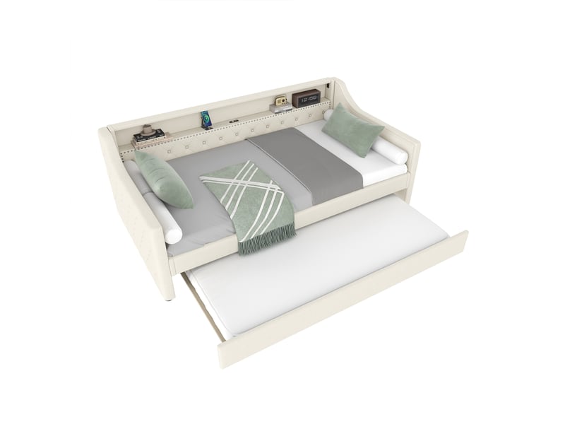  Lit de jour 90x200 cm lit banquette en lin beige avec lit gigogne extensible led et usb  - Conforama A