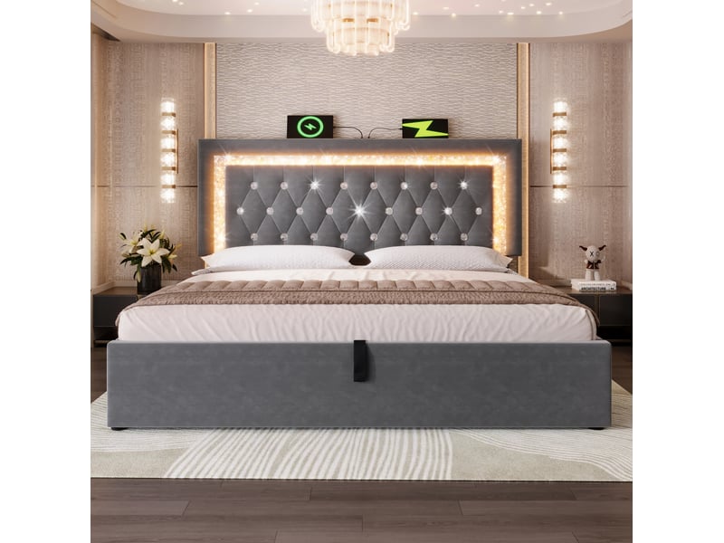  Lit coffre 160x200 cm avec bande led, station de charge usb et type-c, velours gris avec matelas  - Conforama C