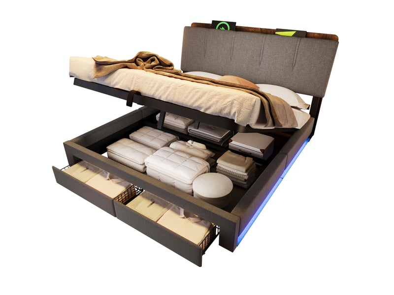  Lit coffre 140x200 cm gris en lin avec led, usb et usb-c  - Conforama A
