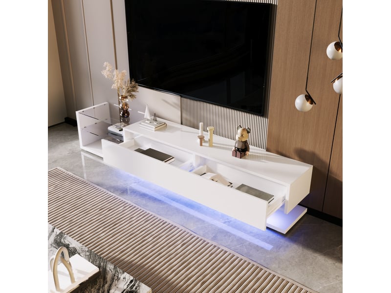  Meuble tv modenvie blanc brillant 170 x 36 x 38 cm 2 tiroirs étagères en verre led multicolore  - Conforama E