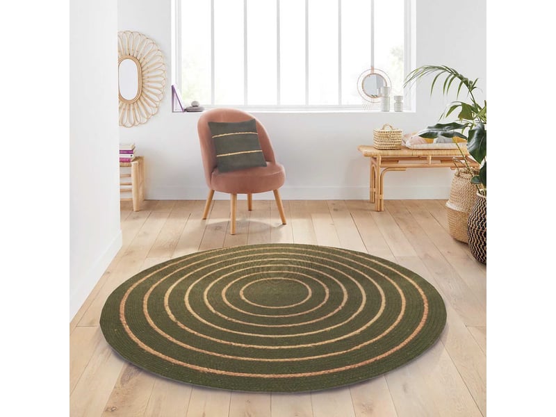 Tapis rond en coton tressé, effet jute rayé, kaki, 120 cm, dylrev 69019.120 - Conforama E